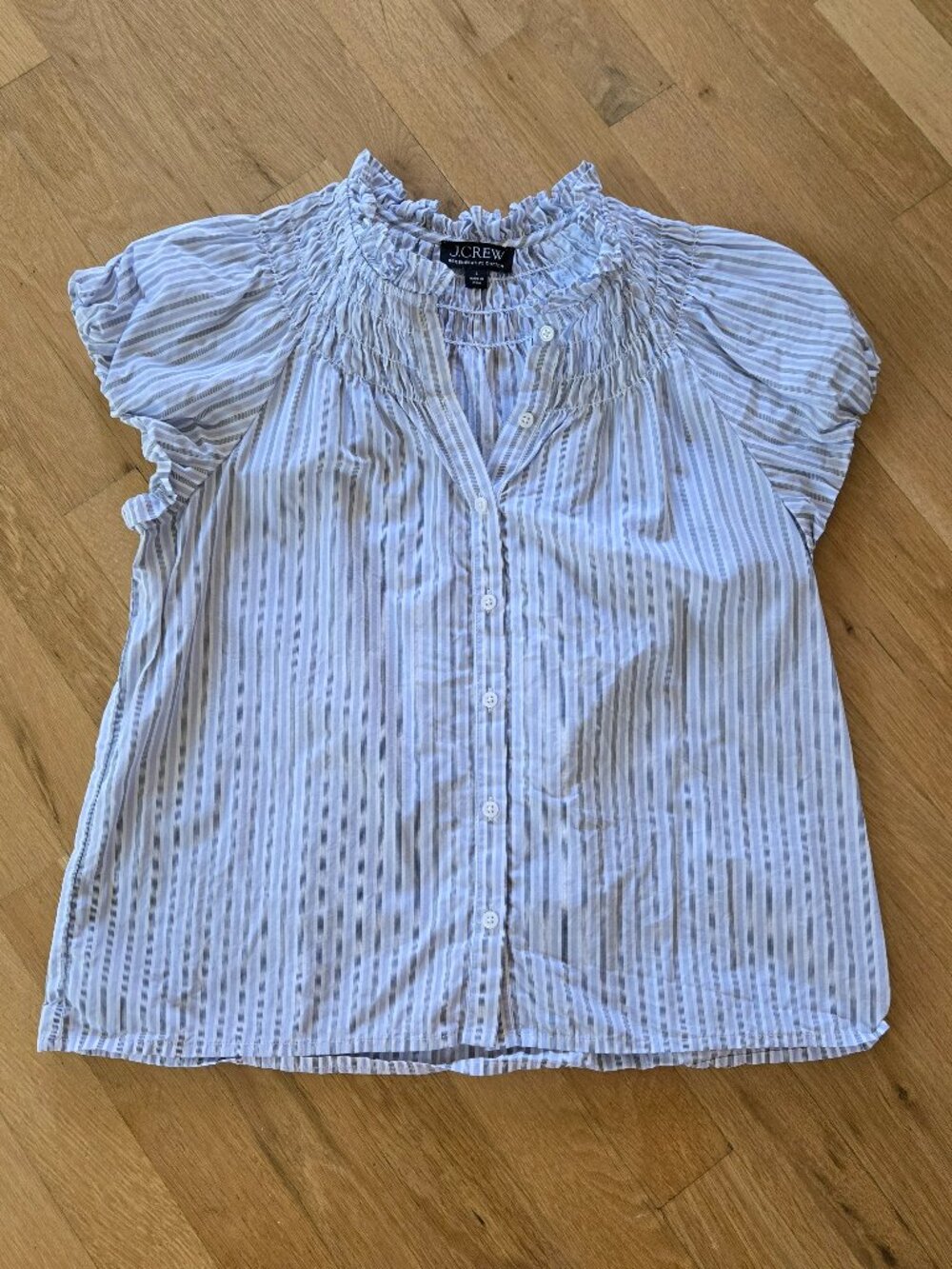 J.Crew Smocked-neck Top in Striped Cotton Poplin - Small